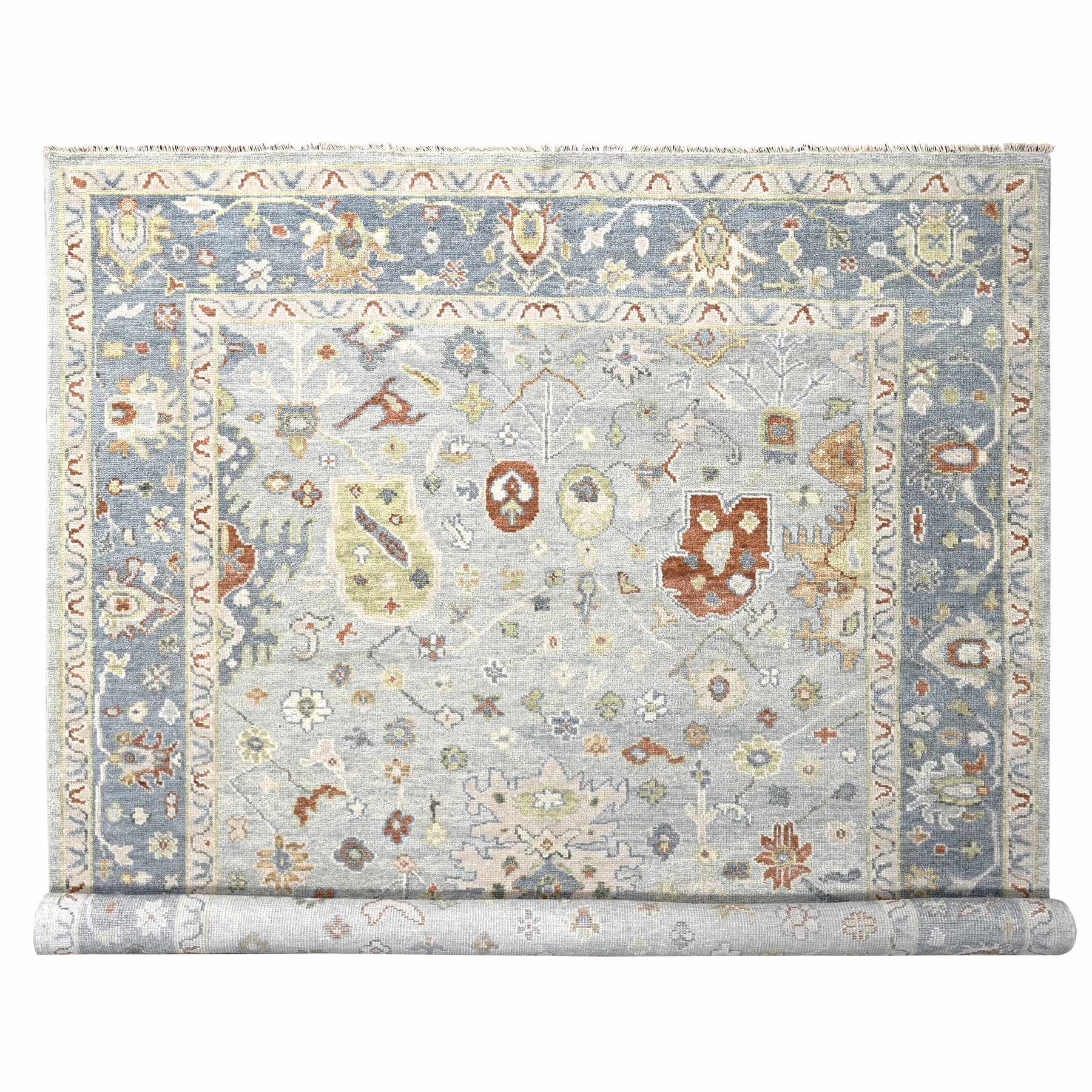 Moonmist and Solitude Blue, Hand Knotted Tone On Tone, Oushak Design Soft Pile, Soft and Shiny Wool, Supple Collection, Oriental Rug 
